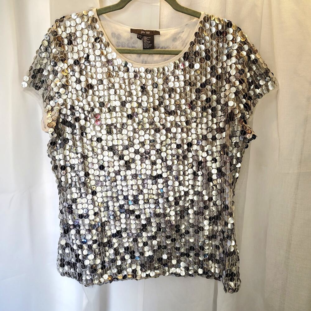 Per Se XL Silver Sequin Disc Top Metallic Beaded Party Blouse Y2K